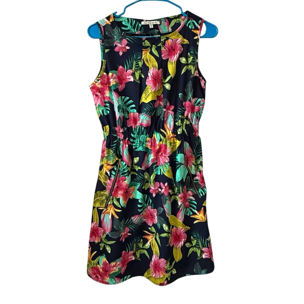 Speed Control Small Tropical Floral Sleeveless Navy Mini Dress Pockets